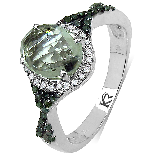 2.09 Carat Genuine Green Amethyst, Green Diamond & White Diamond .925 Sterling Silver Ring