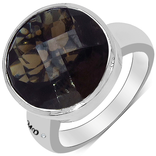 Rings-10.81 Carat Genuine Smoky Quartz & White Diamond .925 Sterling Silver Ring