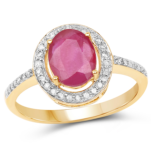 Ruby-2.54 Carat Glass Filled Ruby and White Diamond 10K Yellow Gold Ring