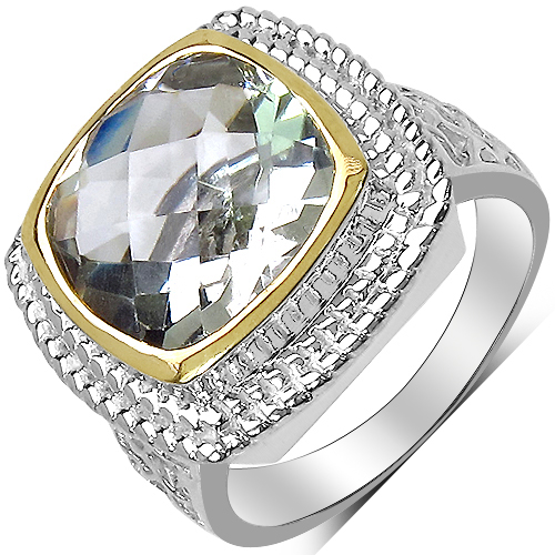 Amethyst-6.31 Carat Genuine Green Amethyst & White Diamond .925 Sterling Silver Ring