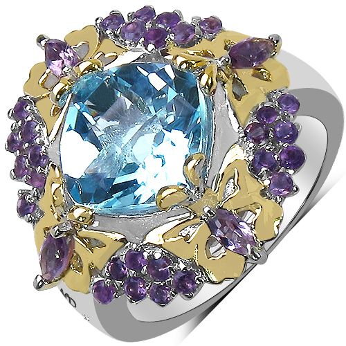 Rings-5.66 Carat Genuine Blue Topaz, Amethyst & White Diamond .925 Sterling Silver Ring