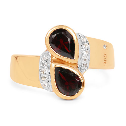 14K Yellow Gold Plated 1.85 Carat Genuine Garnet, White Topaz & White Diamond .925 Sterling Silver Ring