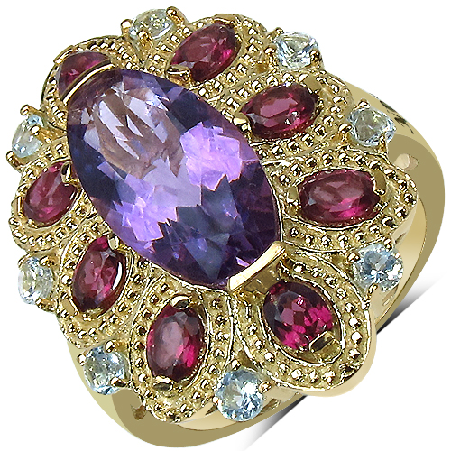 Amethyst-14K Yellow Gold Plated 6.62 Carat Genuine Multi Stone .925 Sterling Silver Ring