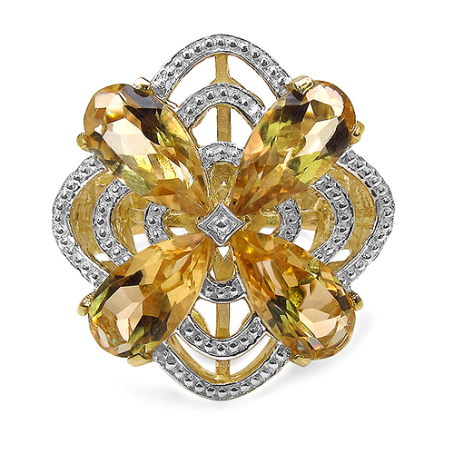 14K Yellow Gold Plated 8.81 Carat Genuine Citrine & White Diamond .925 Sterling Silver Ring