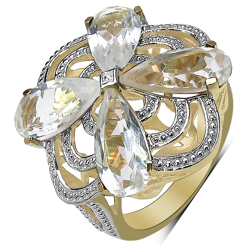 14K Yellow Gold Plated 6.69 Carat Genuine Crystal Quartz & White Diamond .925 Sterling Silver Ring
