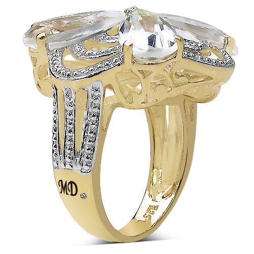 14K Yellow Gold Plated 6.69 Carat Genuine Crystal Quartz & White Diamond .925 Sterling Silver Ring