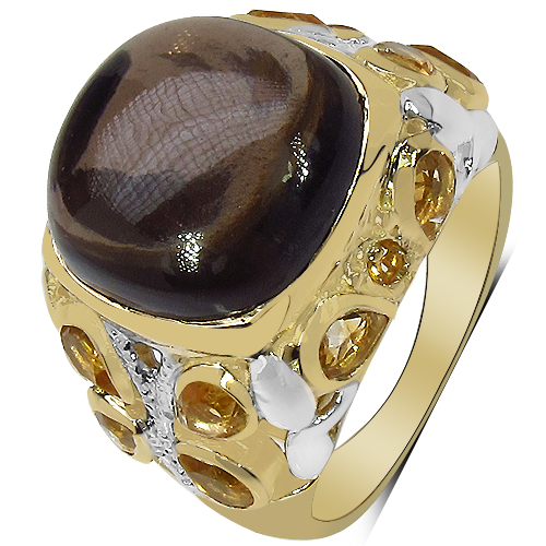 14K Yellow Gold Plated 12.77 Carat Genuine Smoky Quartz, Citrine & White Diamond .925 Sterling Silver Ring