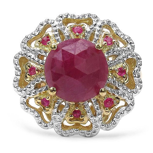 14K Yellow Gold Plated 5.56 Carat Genuine Pink Sapphire, Ruby & White Diamond .925 Sterling Silver Ring