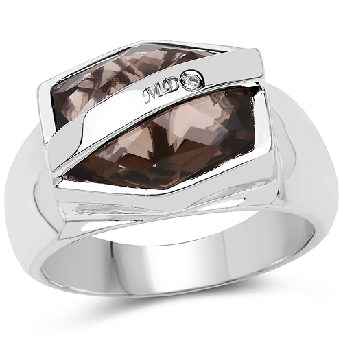 Rings-5.79 Carat Genuine Smoky Quartz and White Diamond .925 Sterling Silver Ring