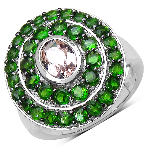Rings-2.46 Carat Genuine Morganite and Chrome Diopside .925 Sterling Silver Ring