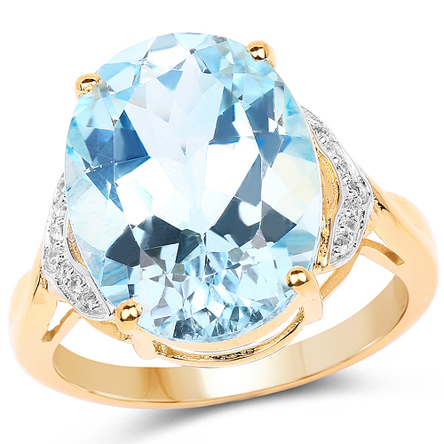 Rings-14K Yellow Gold Plated 11.32 Carat Genuine Blue Topaz and White Topaz .925 Sterling Silver Ring