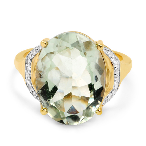 14K Yellow Gold Plated 7.99 Carat Genuine Green Amethyst & White Diamond .925 Sterling Silver Ring