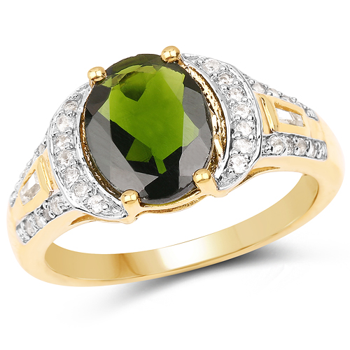 Rings-18K Yellow Gold Plated 2.79 Carat Genuine Chrome Diopside & White Topaz .925 Sterling Silver Ring