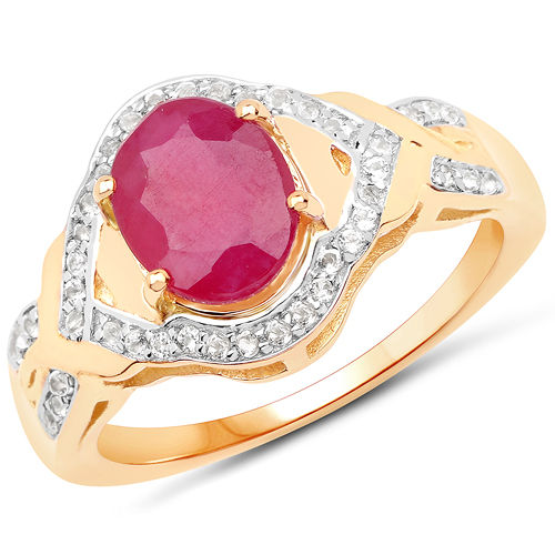 Ruby-14K Yellow Gold Plated 2.51 Carat Glass Filled Ruby and White Topaz .925 Sterling Silver Ring