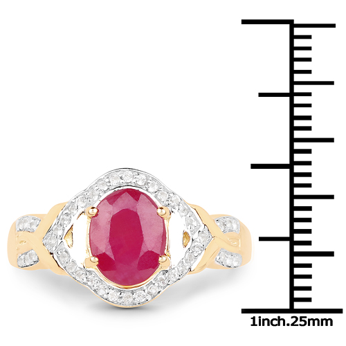 14K Yellow Gold Plated 2.51 Carat Glass Filled Ruby and White Topaz .925 Sterling Silver Ring