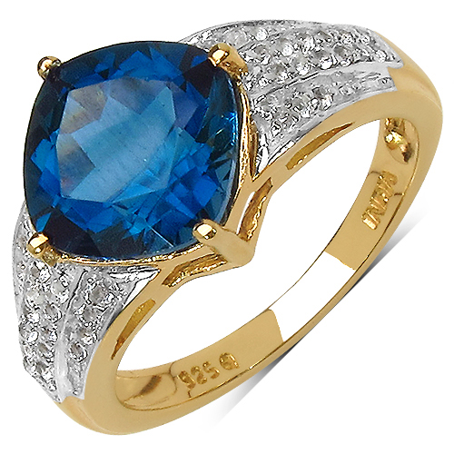 Rings-18K Yellow Gold Plated 3.83 Carat Genuine London Blue Topaz & White Topaz .925 Sterling Silver Ring