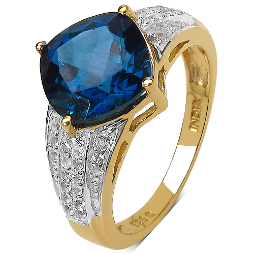 18K Yellow Gold Plated 3.83 Carat Genuine London Blue Topaz & White Topaz .925 Sterling Silver Ring