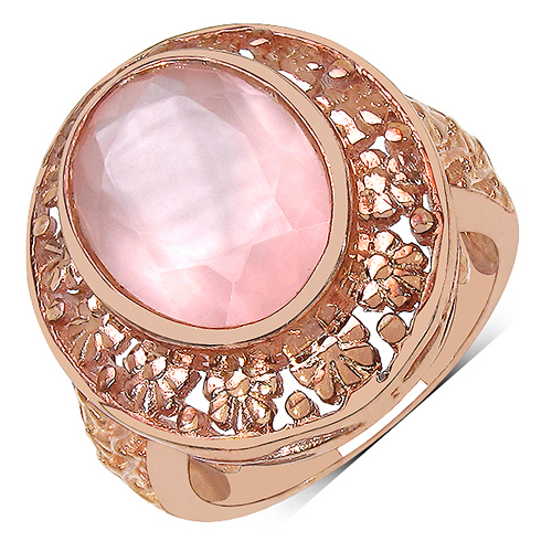 Rings-14K Yellow Gold Plated 5.38 Carat Genuine Rose Quartz .925 Sterling Silver Ring