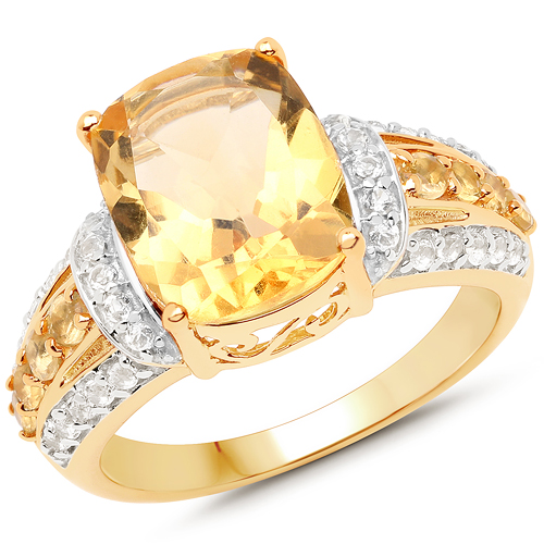 Citrine-14K Yellow Gold Plated 4.35 Carat Genuine Citrine and White Topaz .925 Sterling Silver Ring