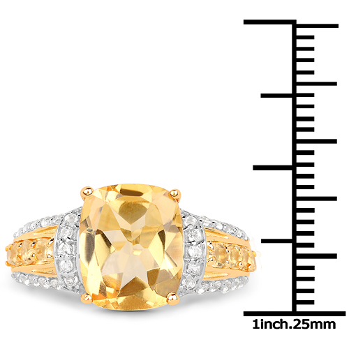 14K Yellow Gold Plated 4.35 Carat Genuine Citrine and White Topaz .925 Sterling Silver Ring