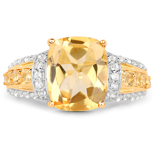 14K Yellow Gold Plated 4.35 Carat Genuine Citrine and White Topaz .925 Sterling Silver Ring