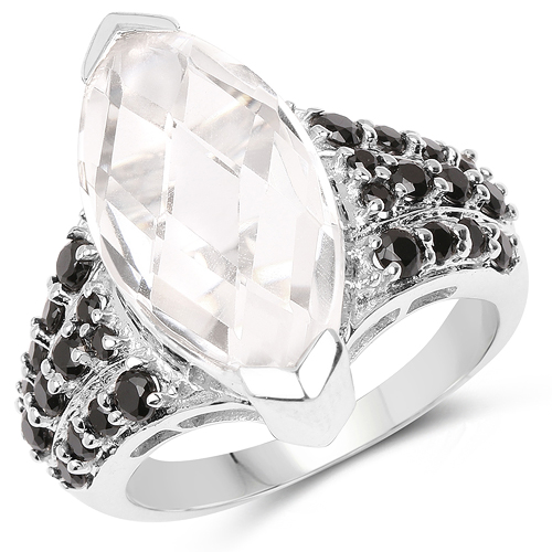 Rings-8.75 Carat Genuine Crystal Quartz & Black Spinel .925 Sterling Silver Ring