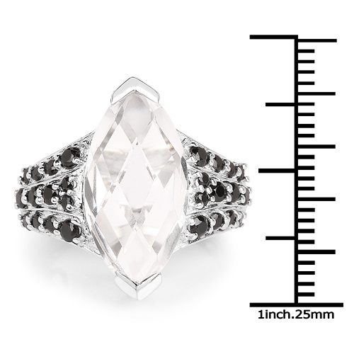 8.75 Carat Genuine Crystal Quartz & Black Spinel .925 Sterling Silver Ring