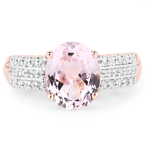 14K Rose Gold Plated 3.27 Carat Genuine Kunzite Oval and White Zircon .925 Sterling Silver Ring Ring