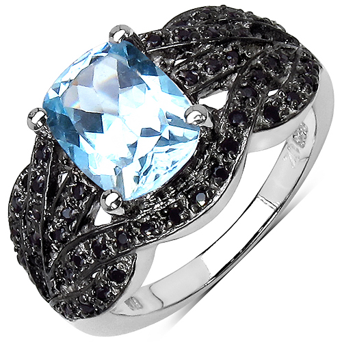 Rings-2.57 Carat Genuine Blue Topaz & Black Spinel .925 Sterling Silver Ring