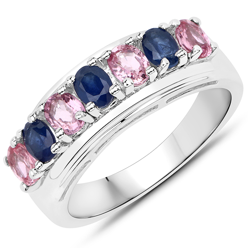 Sapphire-1.40 Carat Genuine Pink Sapphire and Blue Sapphire .925 Sterling Silver Ring