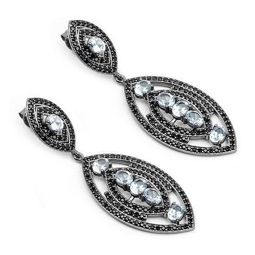 8.80 Carat Genuine Blue Topaz and Black Spinel .925 Sterling Silver Earrings
