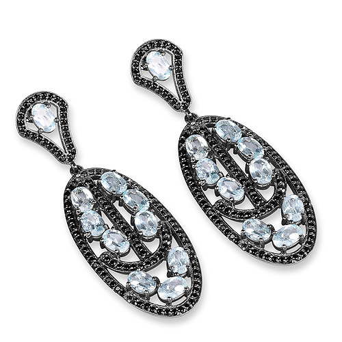 13.80 Carat Genuine Blue Topaz and Black Spinel .925 Sterling Silver Earrings