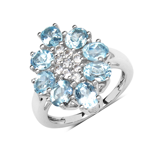 Rings-3.55 Carat Genuine Blue Topaz & White Topaz .925 Sterling Silver Floral Shape Ring