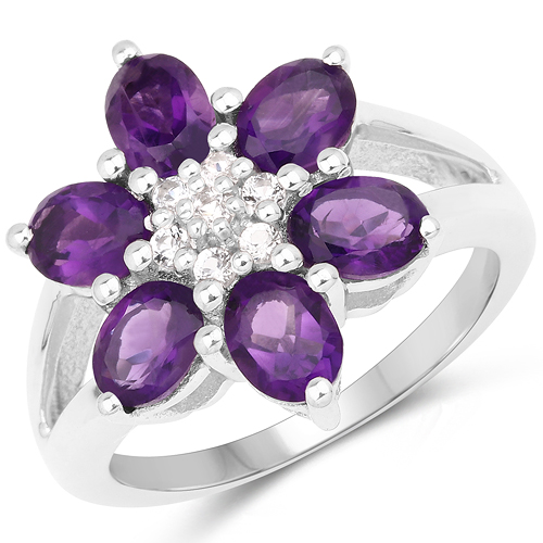 Amethyst-2.46 Carat Genuine Amethyst and White Topaz .925 Sterling Silver Ring