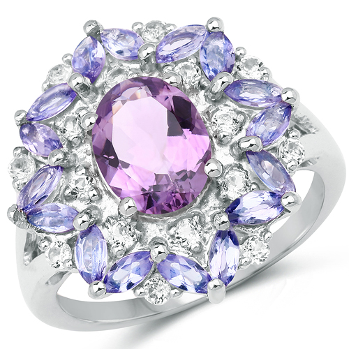 Amethyst-3.01 Carat Genuine Amethyst and White Topaz .925 Sterling Silver Ring