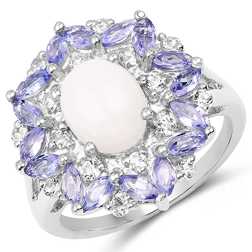Opal-3.61 Carat Genuine Opal, Tanzanite and White Topaz .925 Sterling Silver Ring