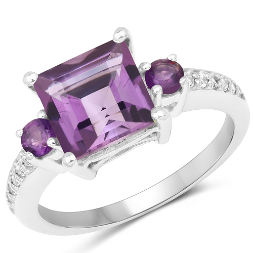 Amethyst-3.13 Carat Genuine Amethyst and White Topaz .925 Sterling Silver Ring