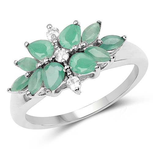 Emerald-1.03 Carat Genuine Emerald and White Topaz .925 Sterling Silver Ring