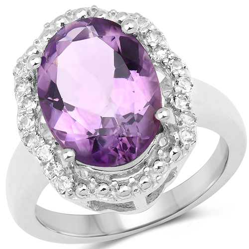 Amethyst-6.53 Carat Genuine Amethyst and White Topaz .925 Sterling Silver Ring