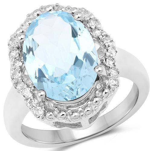 Rings-7.09 Carat Genuine Blue Topaz and White Topaz .925 Sterling Silver Ring
