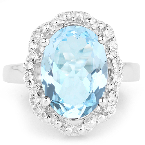 7.09 Carat Genuine Blue Topaz and White Topaz .925 Sterling Silver Ring