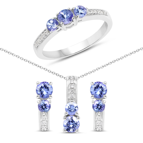 Tanzanite-1.54 Carat Genuine Tanzanite and White Topaz .925 Sterling Silver 3 Piece Jewelry Set (Ring, Earrings, and Pendant w/ Chain)