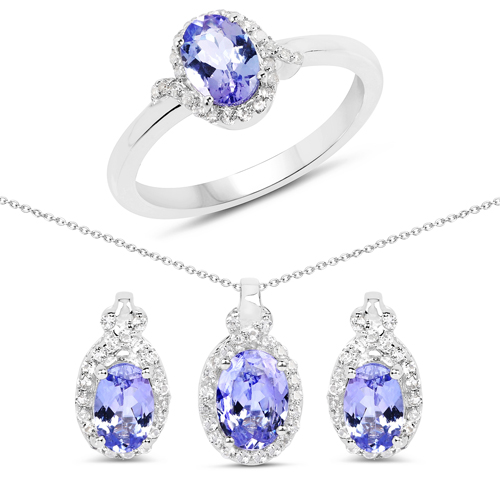 Tanzanite-2.83 Carat Genuine Tanzanite and White Topaz .925 Sterling Silver 3 Piece Jewelry Set (Ring, Earrings, and Pendant w/ Chain)