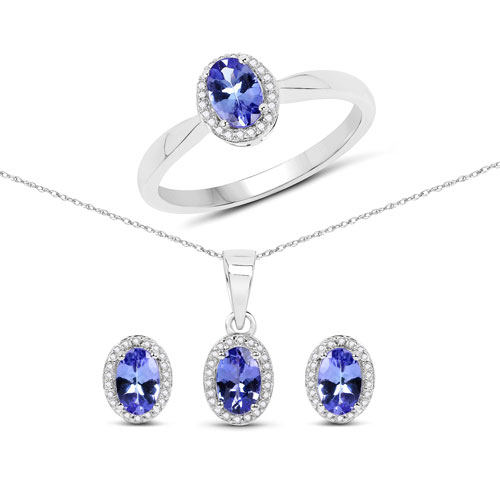 Tanzanite-2.02 Carat Genuine Tanzanite and Created White Sapphire .925 Sterling Silver 3 Piece Jewelry Set (Ring, Earrings, and Pendant w/ Chain)