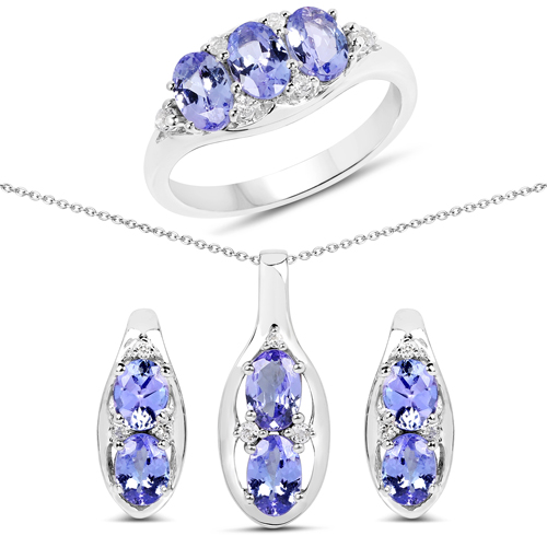 Tanzanite-3.12 Carat Genuine Tanzanite and White Topaz .925 Sterling Silver 3 Piece Jewelry Set (Ring, Earrings, and Pendant w/ Chain)