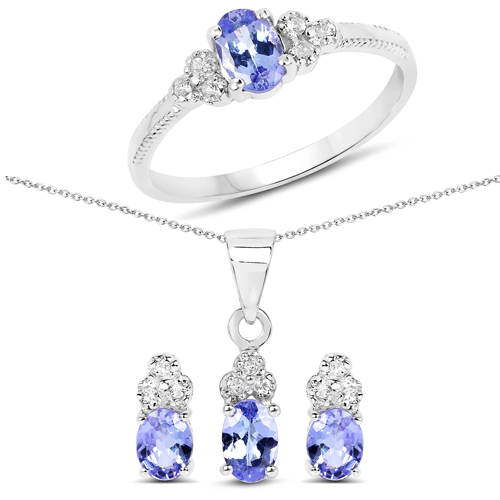 Tanzanite-1.66 Carat Genuine Tanzanite and White Topaz .925 Sterling Silver 3 Piece Jewelry Set (Ring, Earrings, and Pendant w/ Chain)
