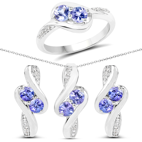 Tanzanite-2.00 Carat Genuine Tanzanite and White Topaz .925 Sterling Silver 3 Piece Jewelry Set (Ring, Earrings, and Pendant w/ Chain)