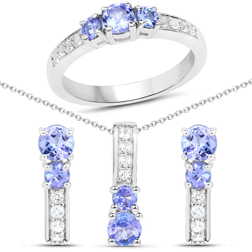 Tanzanite-1.86 Carat Genuine Tanzanite and White Topaz .925 Sterling Silver 3 Piece Jewelry Set (Ring, Earrings, and Pendant w/ Chain)