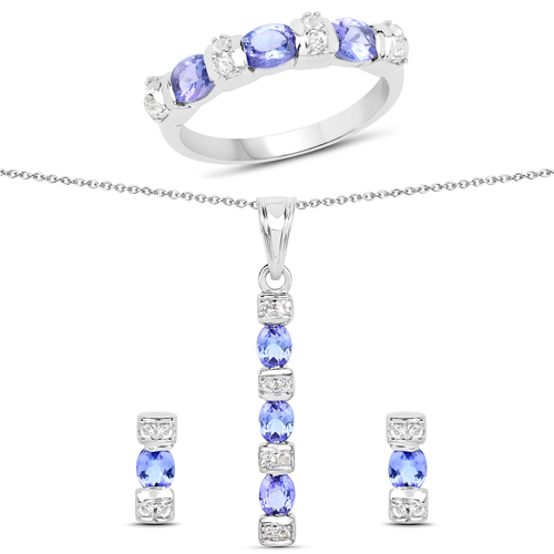 Tanzanite-3.17 Carat Genuine Tanzanite and White Topaz .925 Sterling Silver 3 Piece Jewelry Set (Ring, Earrings, and Pendant w/ Chain)