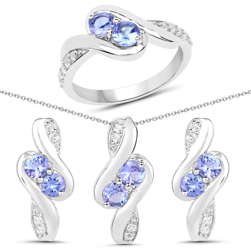 2.32 Carat Genuine Tanzanite and White Topaz .925 Sterling Silver 3 Piece Jewelry Set (Ring, Earrings, and Pendant w/ Chain)
